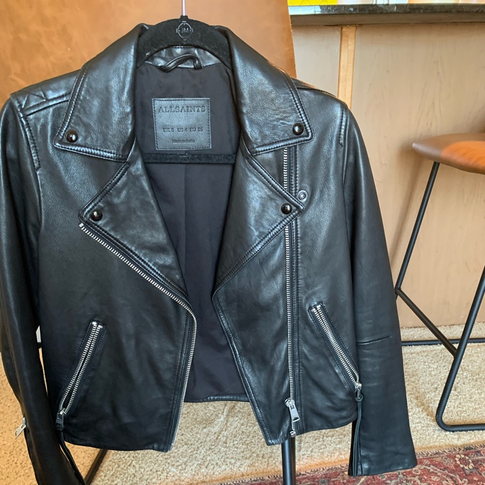 All-Saints black leather jacket size 4 (Dalby slim-fit)